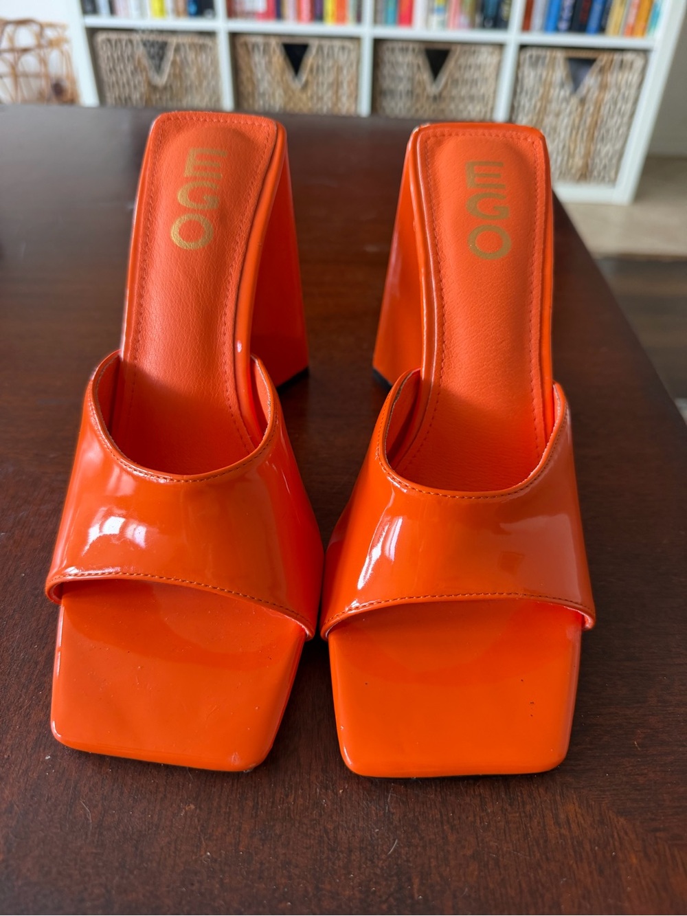 EGO Orange Patent Square-Toe Mule Heels